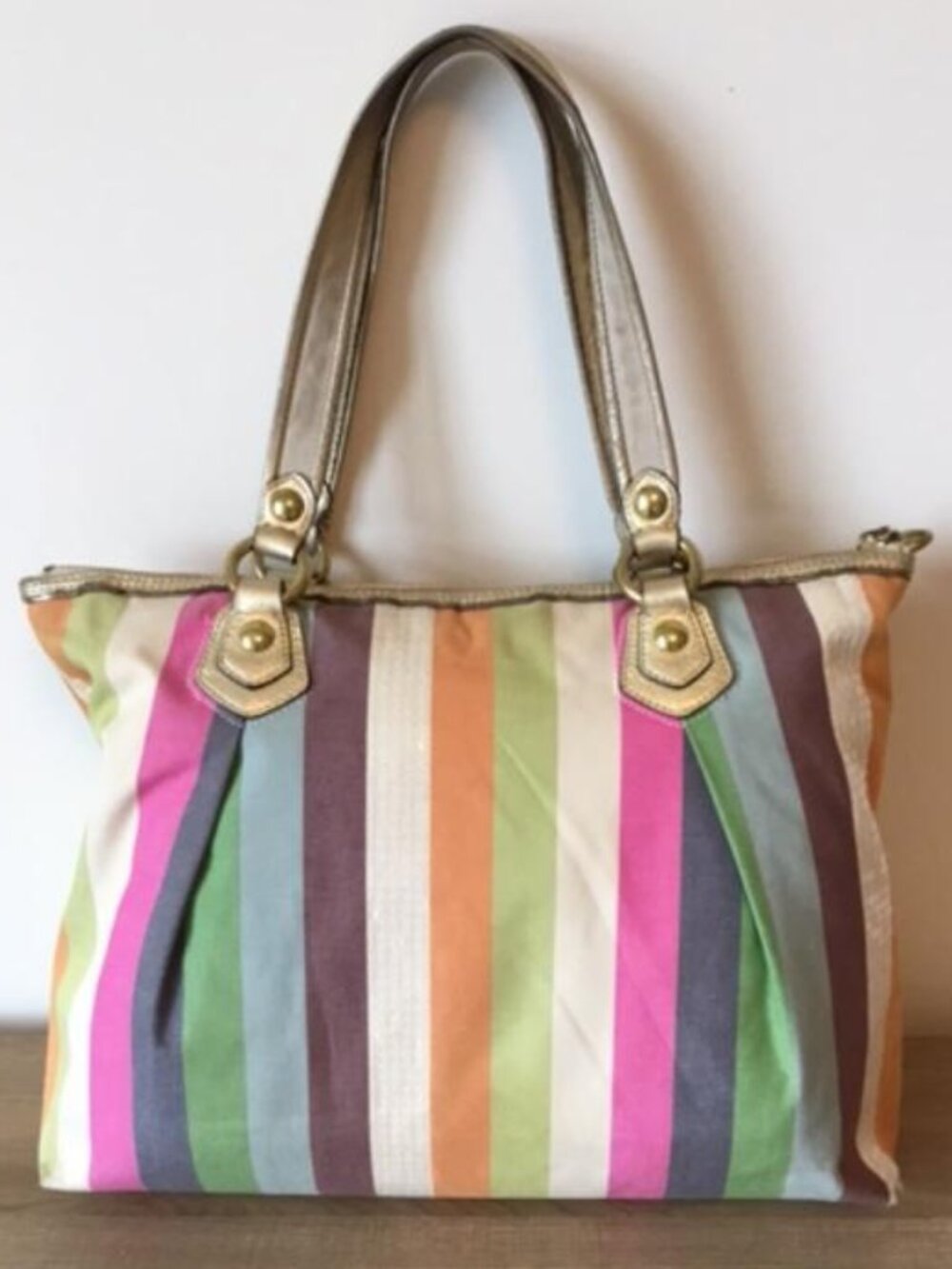 Coach Poppy Heritage Legacy, Multi-colored Striped Canvas Tote Bag w/Sequins - Picture 2 of 16